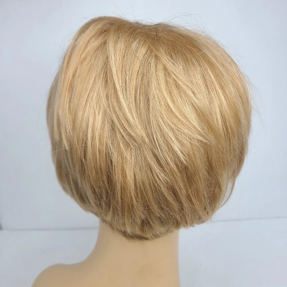 Human Hair Wig Blonde Pixie Cut‎ Capless Mono Top Clip In Breathable Wefted Back